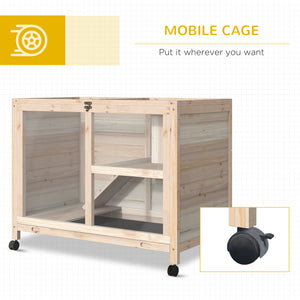 Indoor Rabbit Hutch with Wheels, Bunny Cage Guinea Pig House W/ Top Access, Ramp, Pull Out Tray, Natural Wood