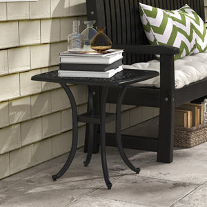 21" Square Outdoor End Table, Cast Aluminum Patio Side Table with Umbrella Hole for Garden, Balcony, Poolside, Black