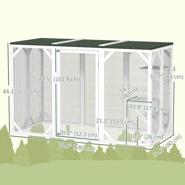 Enclos pour chat avec toit étanche, plateformes à plusieurs niveaux, verrou, blanc