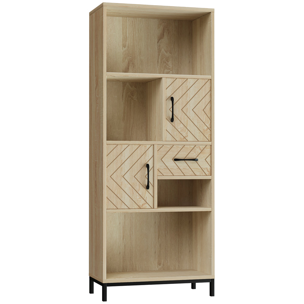 Bibliothèque 59", étagère de rangement avec armoires, tiroirs et compartiments ouverts, bois naturel