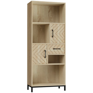 Bibliothèque 59", étagère de rangement avec armoires, tiroirs et compartiments ouverts, bois naturel