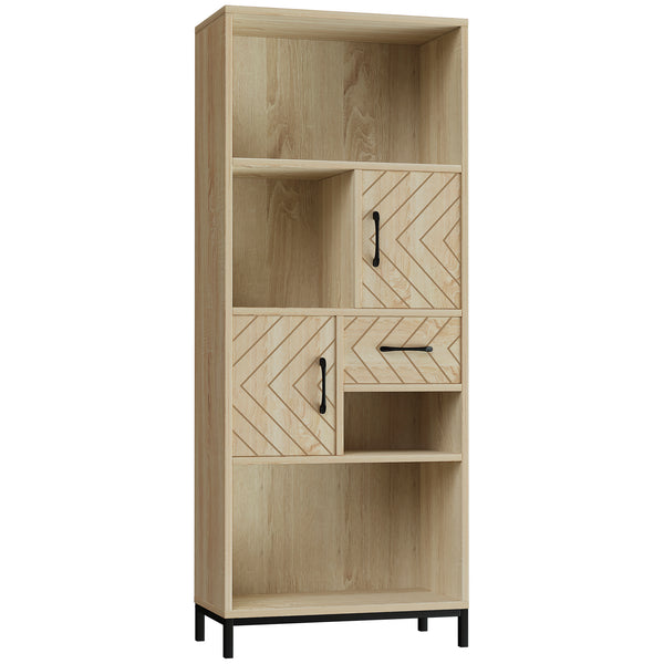 Bibliothèque 59", étagère de rangement avec armoires, tiroirs et compartiments ouverts, bois naturel