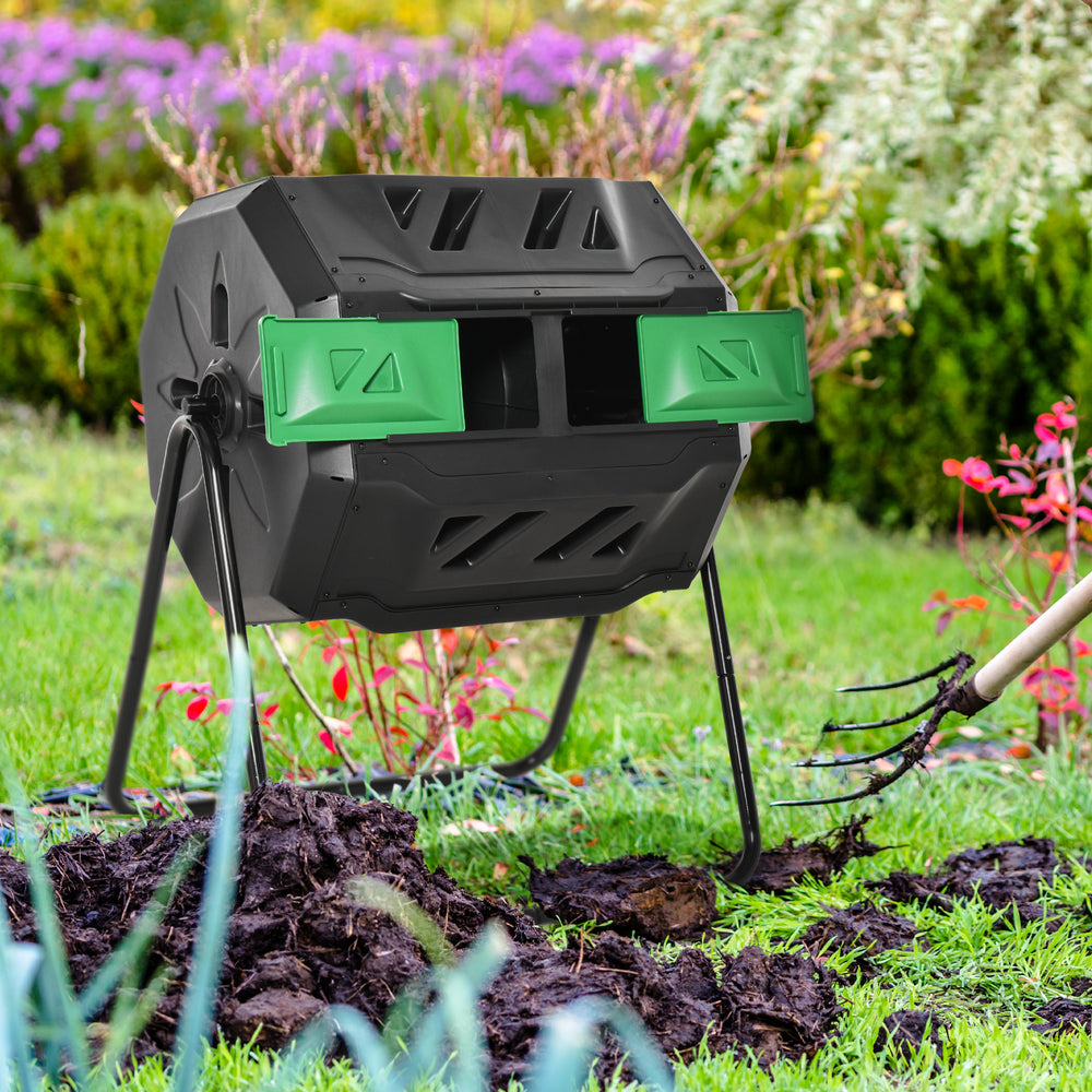 Composteur rotatif pour l'extérieur, double compartiment, 360°, 43 gallons, vert