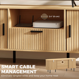 Meuble pour téléviseurs jusqu'à 60 pouces avec portes coulissantes incurvées et rangements, bois naturel