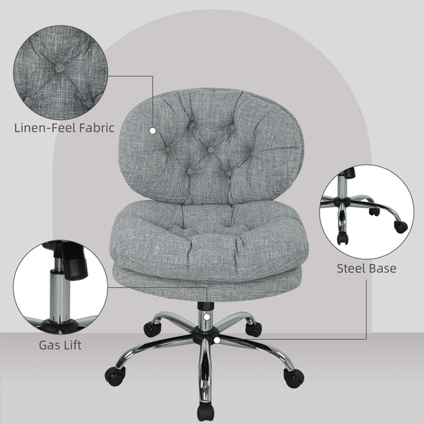 Chaise de bureau sans accoudoirs, assise large et rembourrée, hauteur réglable et inclinable, gris