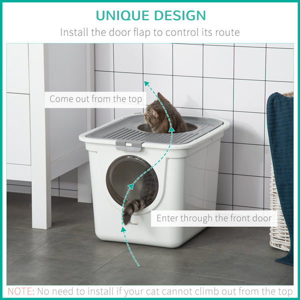 Enclosed litter box with front entrance, top exit and scoop, white