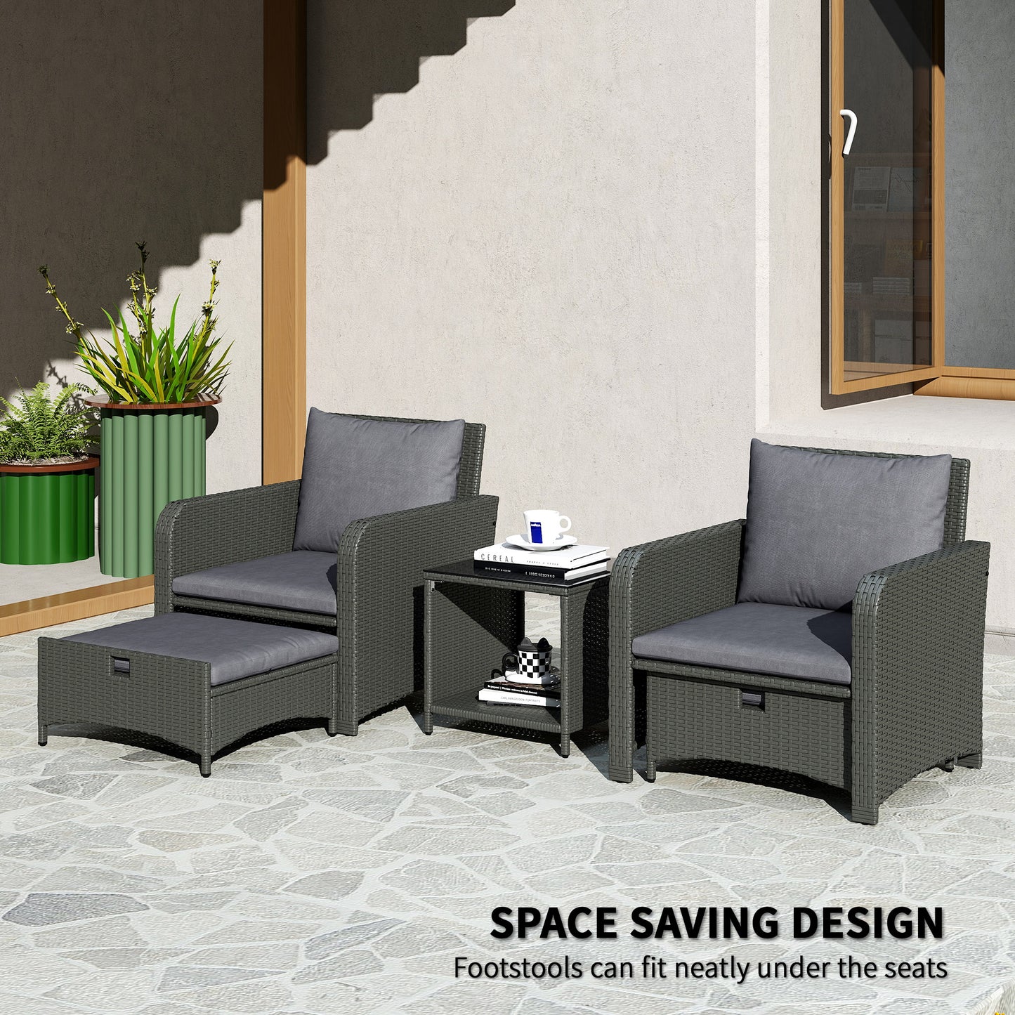 Outsunny 5 Piece Rattan Balcony Furniture Set, Wicker Outdoor Furniture with Two-Tier Coffee Table and Ottomans, Grey