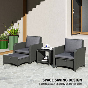 Ensemble de meubles 5 pièces en rotin avec table basse à deux niveaux et poufs, gris