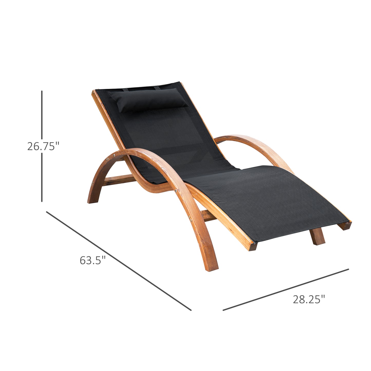 Outsunny Outdoor Wooden Reclining Patio Camping Lounge Chair with Headrest, Teak and Black
