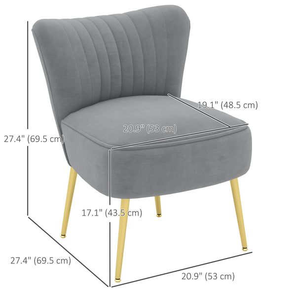 Lot de 2 fauteuils en velours avec pieds en acier doré et dossier capitonné, gris