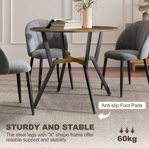 Modern round dining table with steel frame, rustic brown 