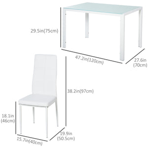 Rectangular 5-piece kitchen set with glass table and chairs, faux leather upholstery, white.