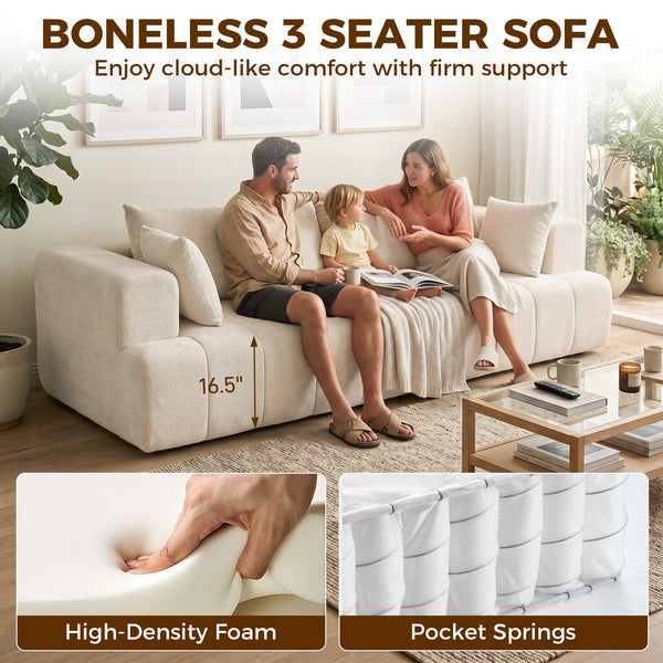 Canapé nuage en chenille sans os avec coussin à ressorts épais, assise large et profonde, larges accoudoirs, beige