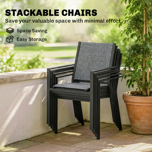 6-Seater Outdoor Dining Set, Metal Wood-Look Patio Table and Stackable Chairs, Black