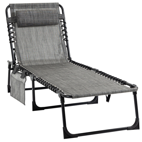 Chaise longue pliante avec dossier réglable et coussin amovible, gris chiné