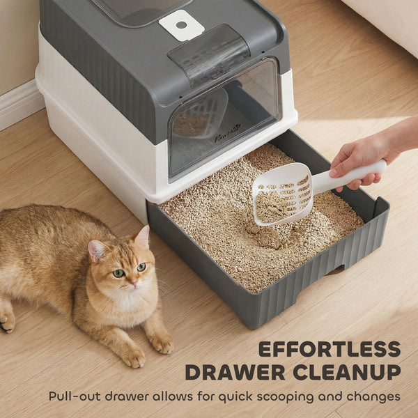 Cat Litter Box with Lid, Enclosed Kitty Litter Box with Pull-Out Drawer Tray, Scoop, 4 Deodorizing Bags, Gray