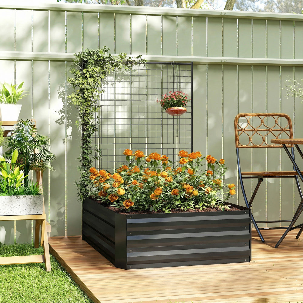 Galvanized Raised Garden Bed with Trellis for Climbing Plants, Open-Bottom Outdoor Flower Planter, Black