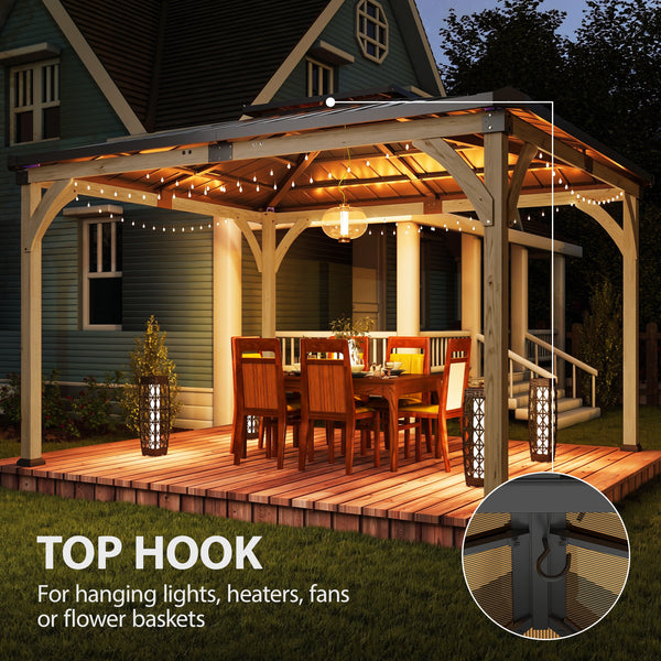 Gazebo 12' x 14' avec toit rigide en acier galvanisé, structure en bois, double toit, couleur noyer clair