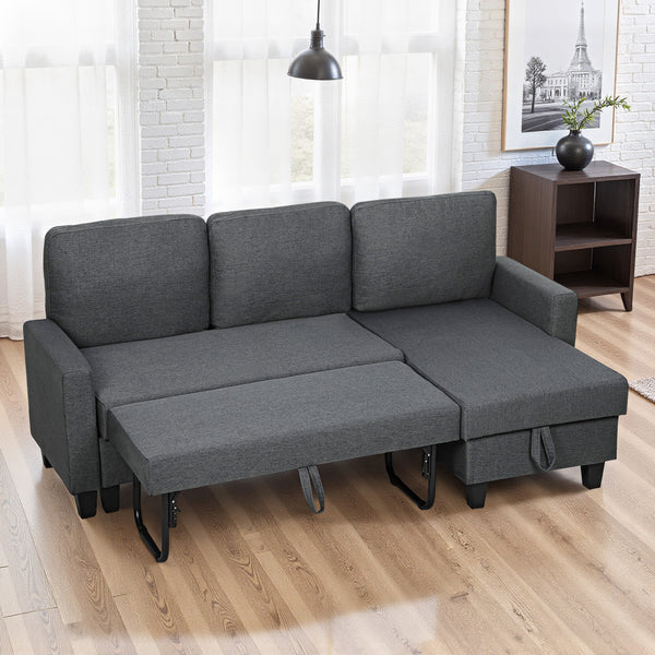 Canapé-lit en forme de L avec lit gigogne, méridienne réversible avec rangement, assise large et profonde, gris anthracite