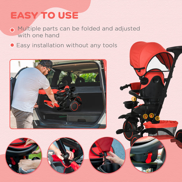 6-in-1 Toddler Tricycle for 12-50 Months, Foldable with Adjustable Seat, Safety Harness, Removable Canopy, Red