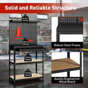 Sturdy metal workbench with 2 lower shelves and a large drawer, black