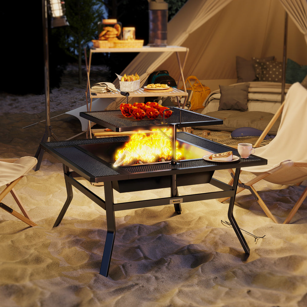 Square Outdoor Fire Pit Firepit with Adjustable Grill Grate, Wood Fire Pit with Adjustable Foot Pads, Outer Ledge, Poker for Backyard Bonfire Picnic, Black