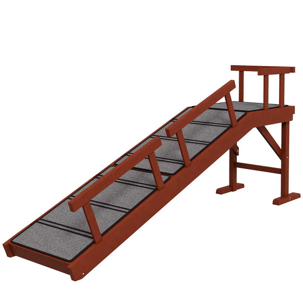 Wooden access ramp with non-slip mat and removable safety barriers