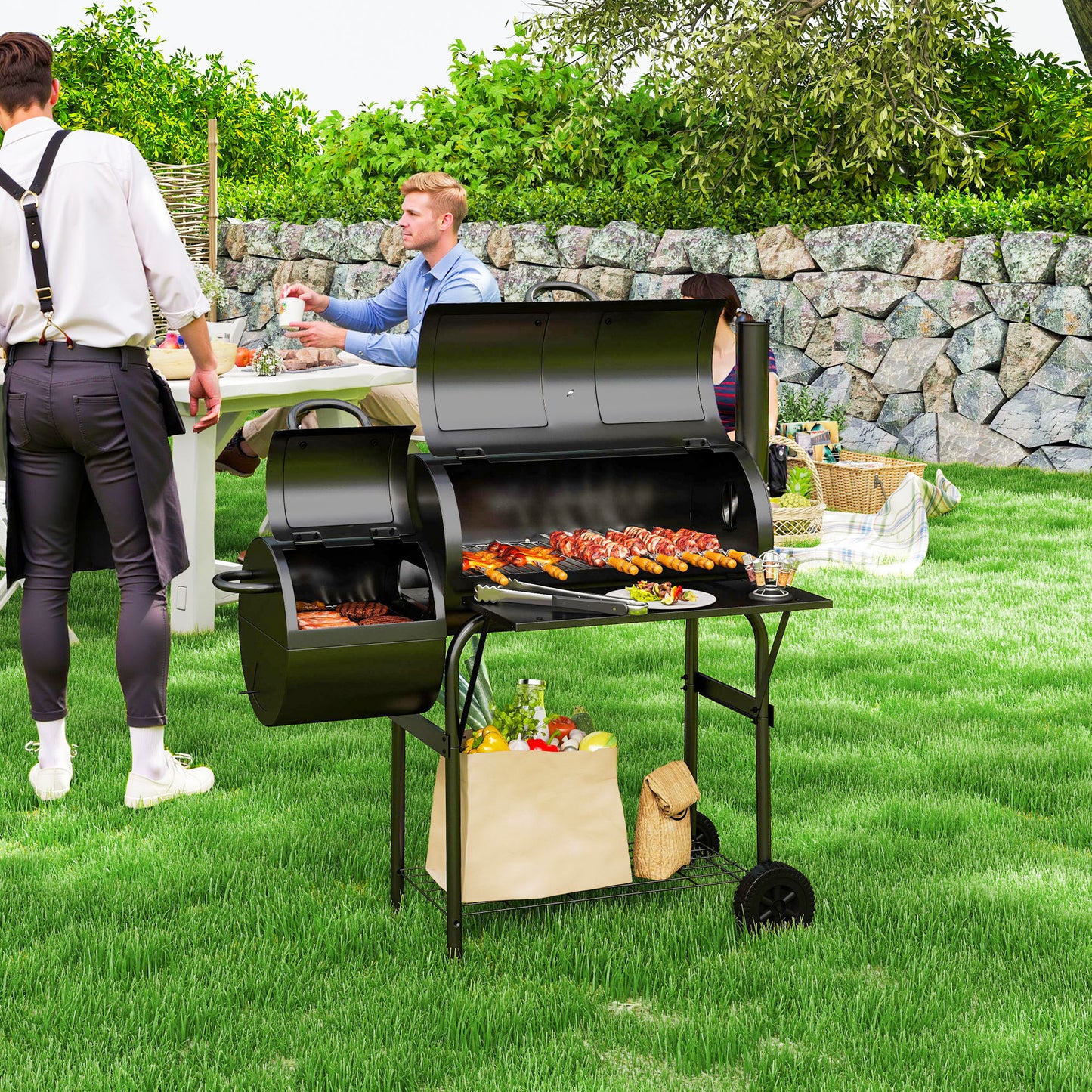 Barbecue portable à charbon de bois avec fumoir décalé, noir