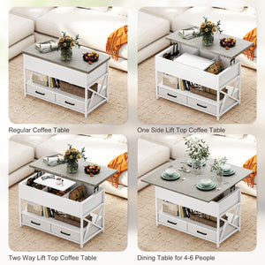 Table basse relevable avec double plateau ajustable, rangement caché et 2 tiroirs – Blanc et gris ciment