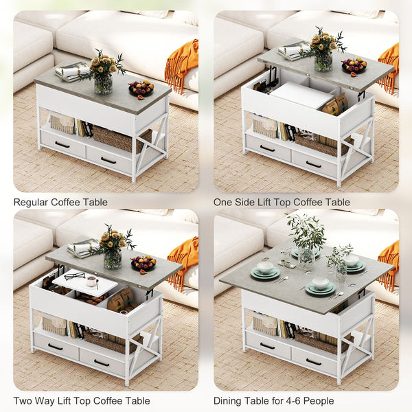 Table basse relevable avec double plateau ajustable, rangement caché et 2 tiroirs – Blanc et gris ciment
