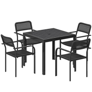 Outdoor dining set for 4 people, wood-look metal patio table and stackable chairs, black