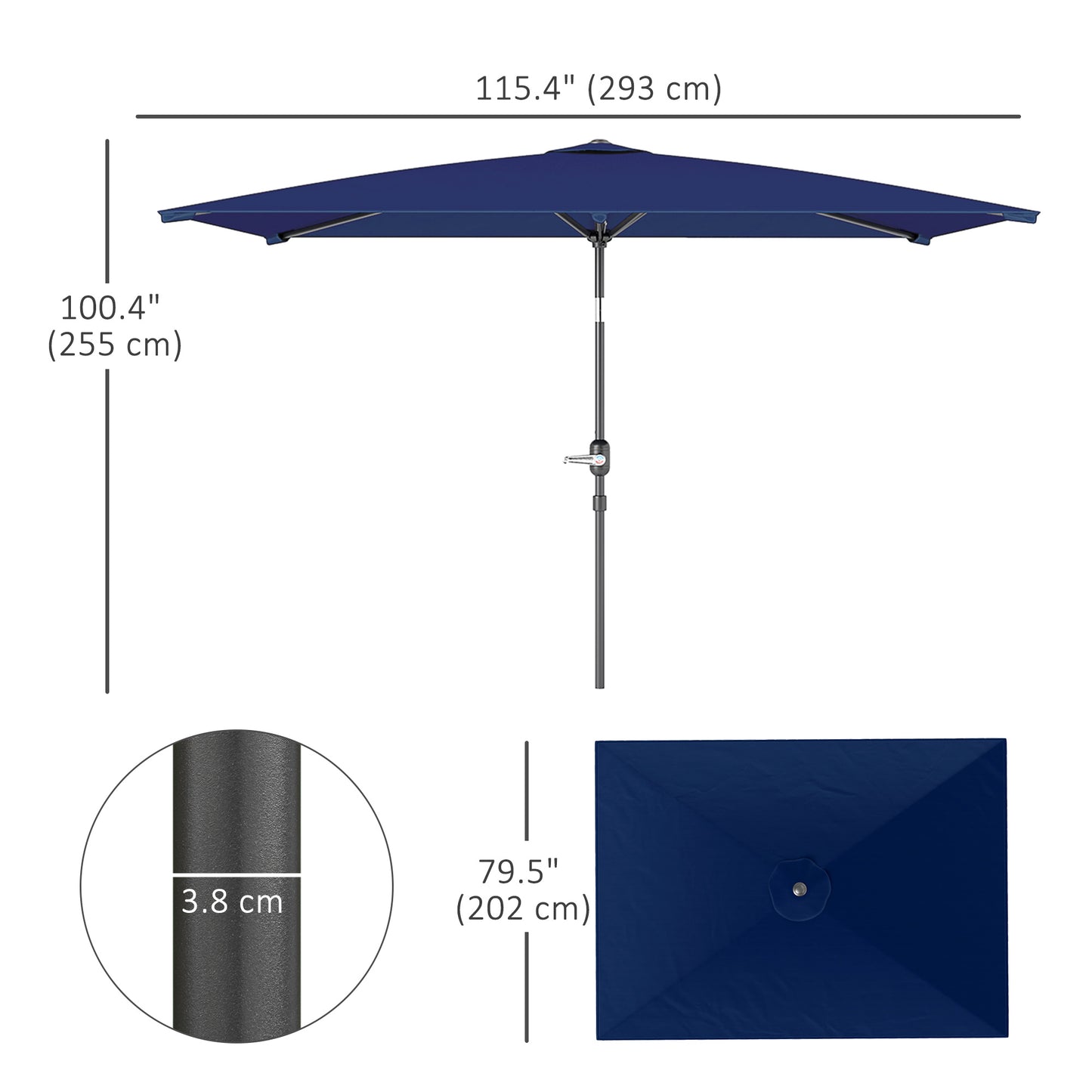 Parasol de jardin rectangulaire inclinable en aluminium 2 x 3m avec manivelle, bleu marine