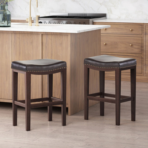 Ensemble de 2 tabourets de bar contemporains cloutés, siège selle en bois d'hévéa, marron