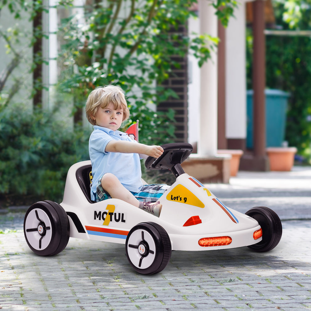 Karting électrique 6V pour enfants de 3 à 5 ans avec musique, lumières, klaxon, blanc