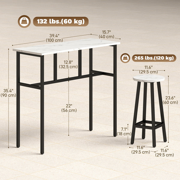 Bar Table Set of 6, Bar Table and Stools for 4, 2 Breakfast Tables and 4 Stools for Living Room, White Marble