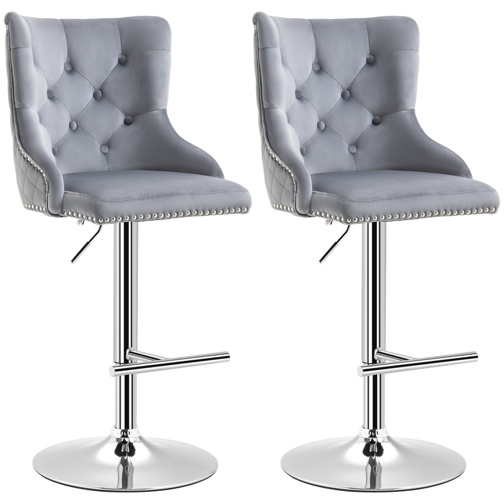 Lot de 2 tabourets de bar réglables modernes, en velours, hauteur comptoir, dossier capitonné, repose-pieds, gris