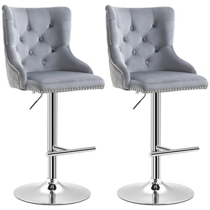 Lot de 2 tabourets de bar réglables modernes, en velours, hauteur comptoir, dossier capitonné, repose-pieds, gris