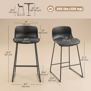 Ensemble de 2 tabourets de bar modernes en similicuir, hauteur comptoir, noir