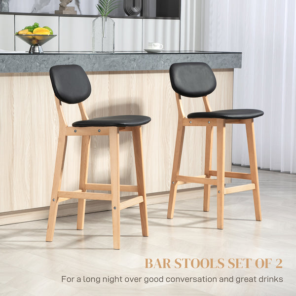 Set of 2 faux leather bar stools with solid wood legs