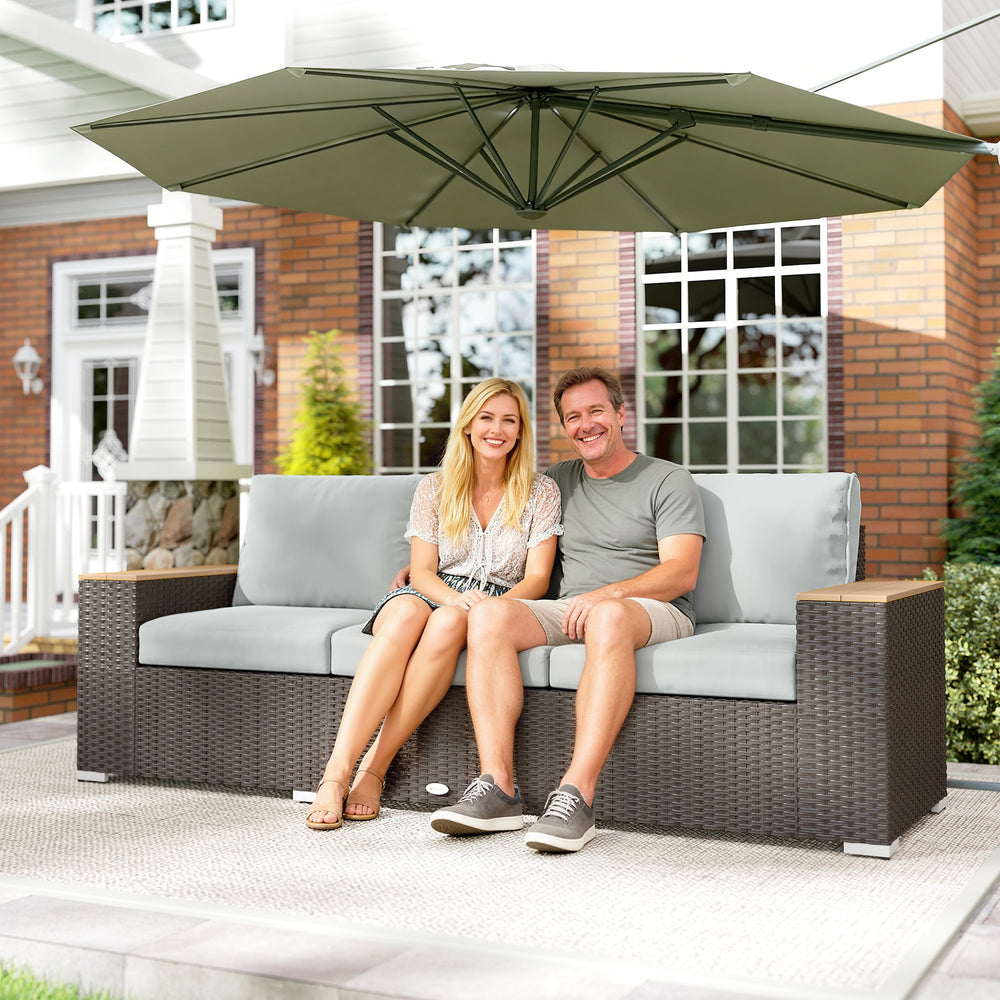 3-Seater Outdoor Sofa Couch, Wicker Patio Sofa with Wood Effect Armrests and Thick Cushions, Grey