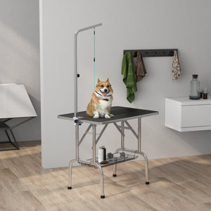Table de toilettage pliable avec bras de toilettage réglable en hauteur et étagère de rangement, noire
