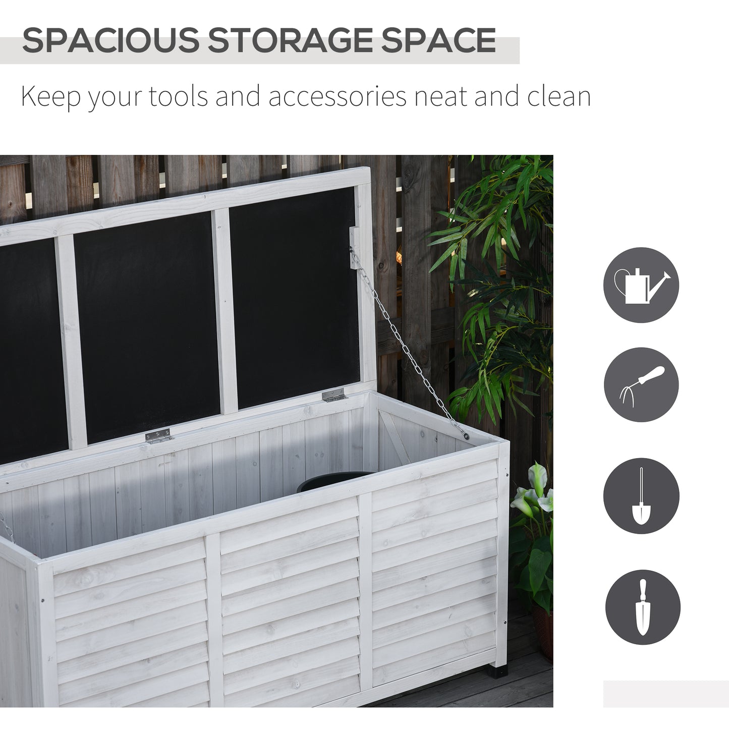 Coffre de rangement en bois Outsunny de 75 gallons pour terrasse, banc, jardin, arrière-cour, extérieur, avec fente d'aération et finition résistante aux intempéries, blanc