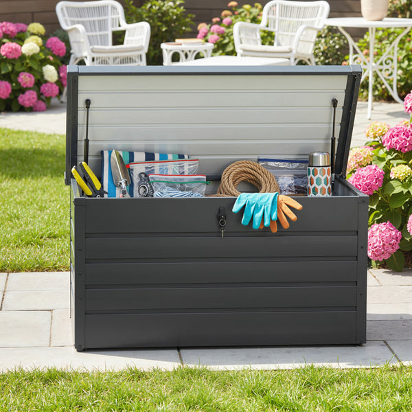 Coffre de jardin grand format avec serrure pour jouets de piscine, gris