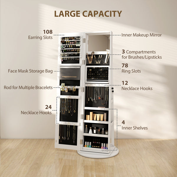 Armoire à bijoux avec miroir verrouillable sur toute la longueur, avec LED, blanc