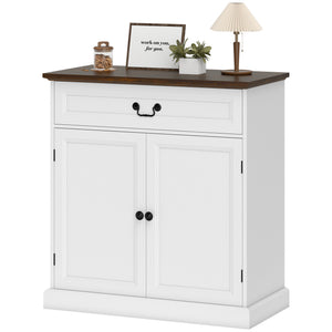 Buffet style ferme, plateau épais, tiroir silencieux et étagère réglable, finition bois blanc.
