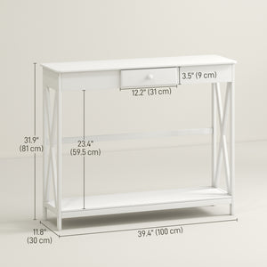 2-tier narrow console table, X design, with drawer and storage shelf, white