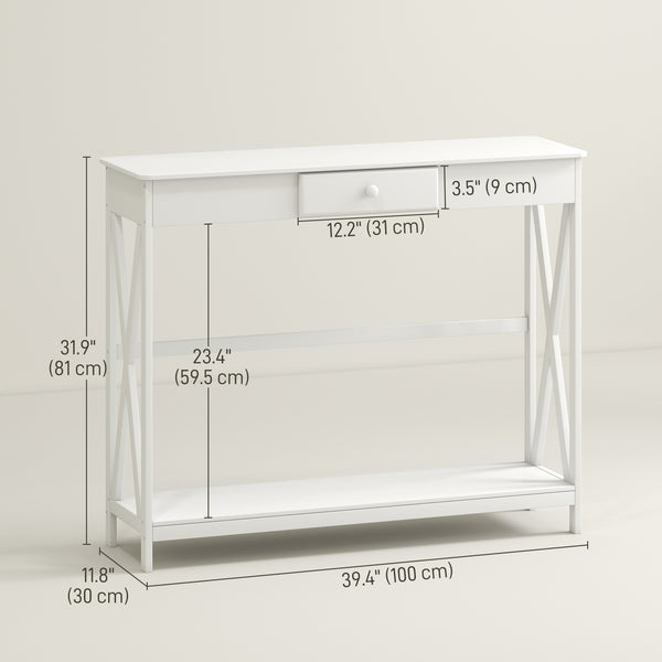 2-tier narrow console table, X design, with drawer and storage shelf, white