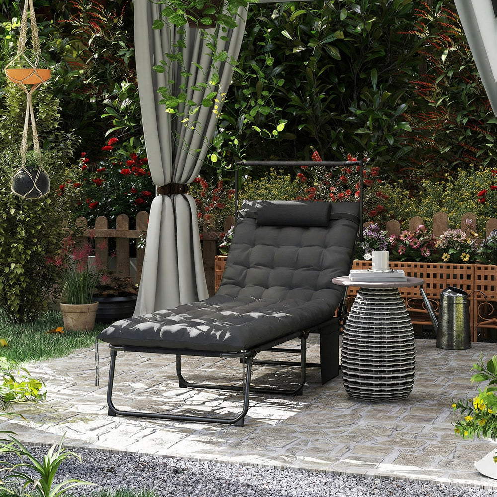 Folding Lounge Chair with Adjustable Canopy, 4-Position Outdoor Tanning Chair with Headrest, Dark Grey