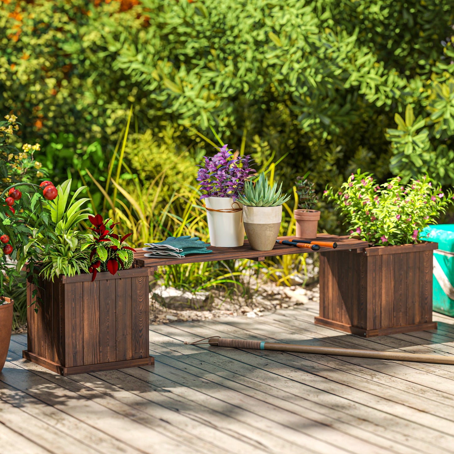 Outsunny Raised Garden Bench Planter for Patio and Park, 175 x 38 x 40 cm, Carbonized