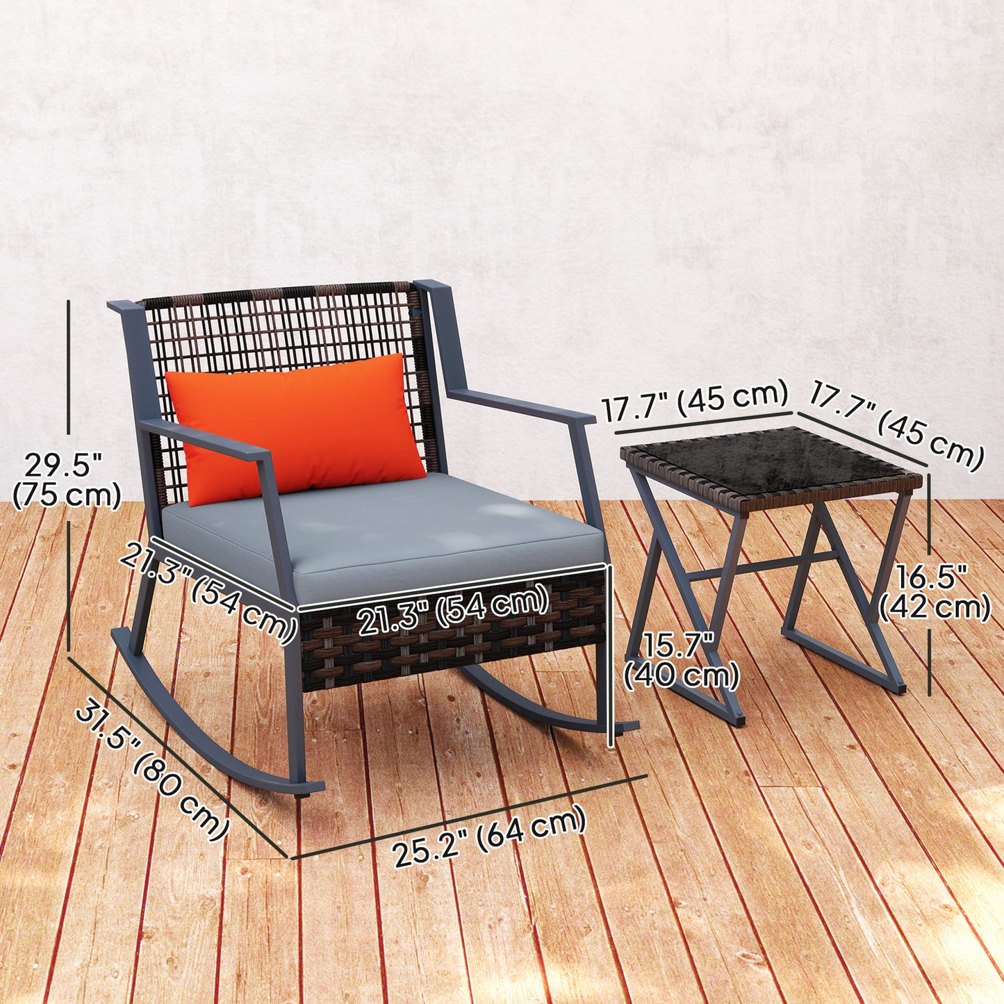 Outsunny 3 Pieces Rocking Bistro Set, Wicker Patio Furniture Set with Cushions and Glass Table for Porch, Balcony, Gray |
